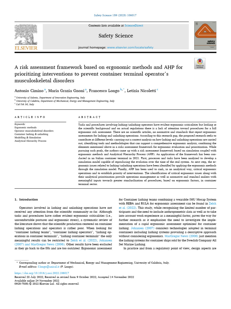 Risk Assessment Framework Based On Ergonomic Methods | PDF | Simulation ...