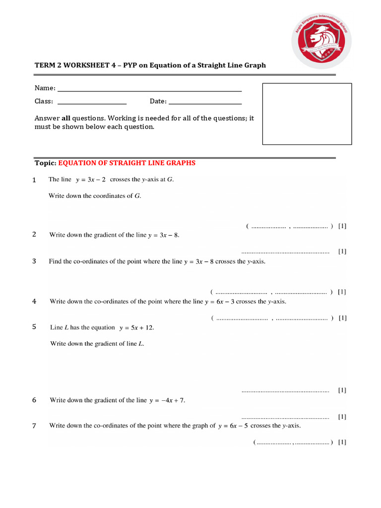 S3 Worksheet on Equation of Straight Line Graphs | PDF
