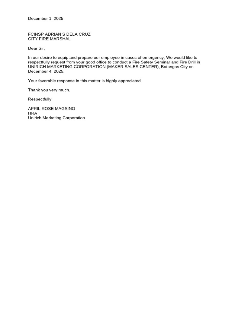 Fire Safety Seminar and Fire Drill Request Letter | PDF
