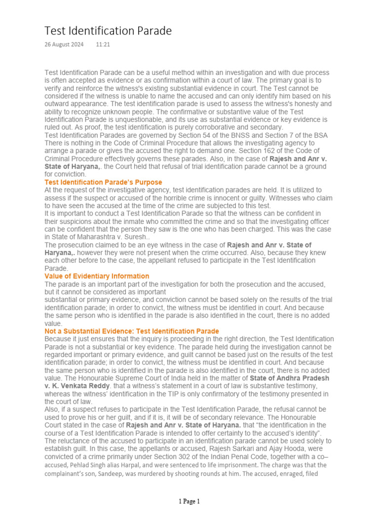 Test Identification Parade | PDF | Witness | Criminal Procedure In ...