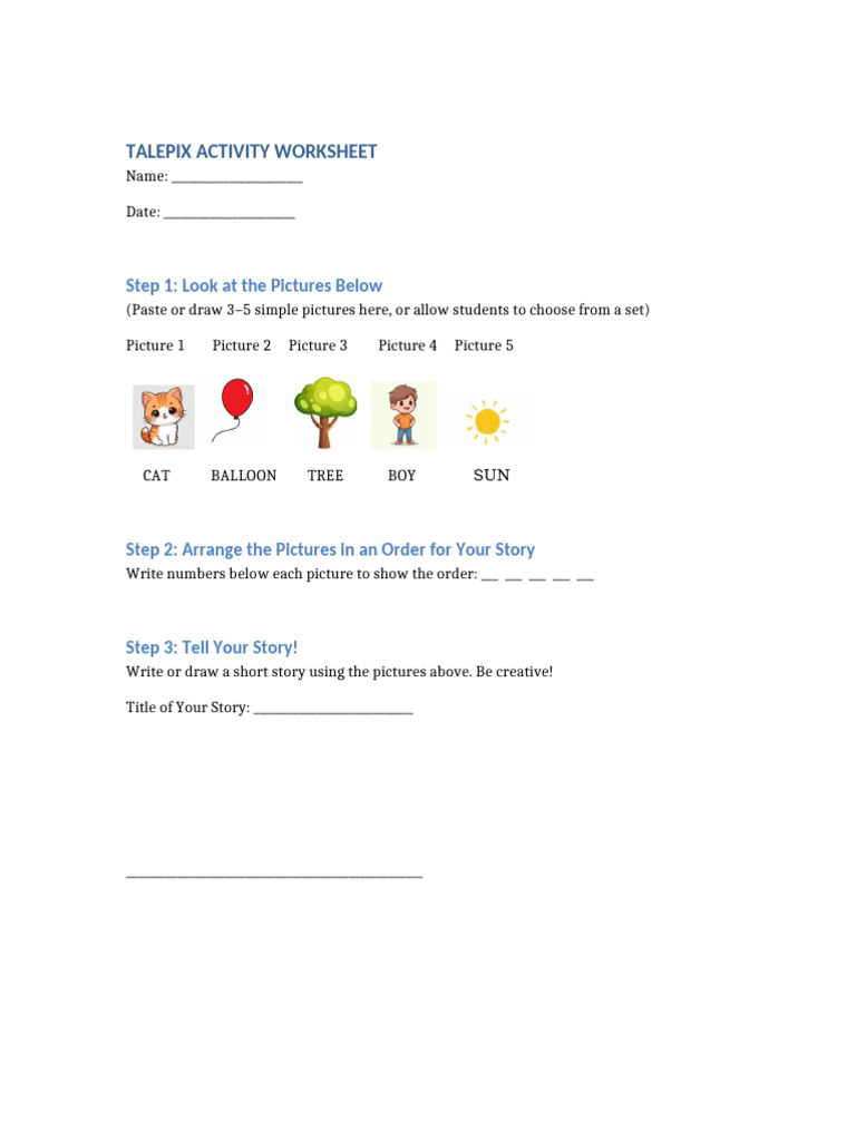 Talepix Activity Worksheet | PDF