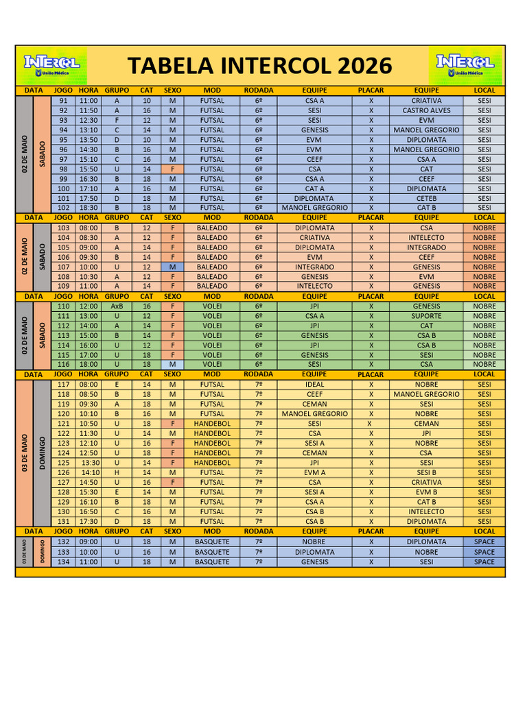 Tabela Intercol 02,03 Maio 2026 | PDF