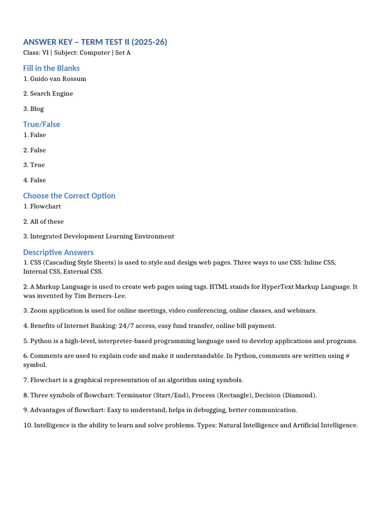 Answer Key Class VI Set a Computer | PDF