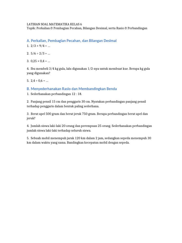 Latihan Soal Matematika Kelas6 Pecahan Dan Rasio | PDF