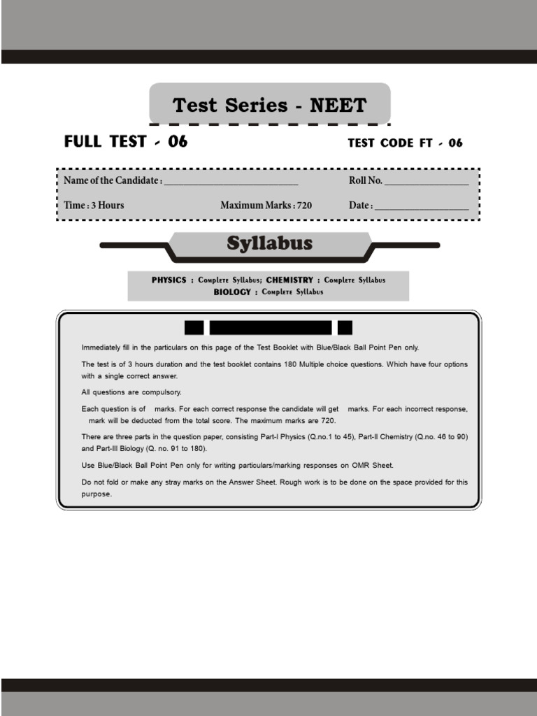 NEET Full Test 6 | PDF | Electronvolt | Photoelectric Effect