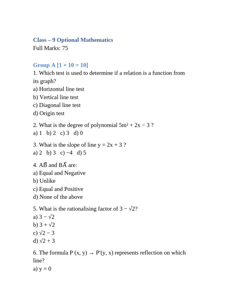 Class9 Optional Maths Exam | PDF