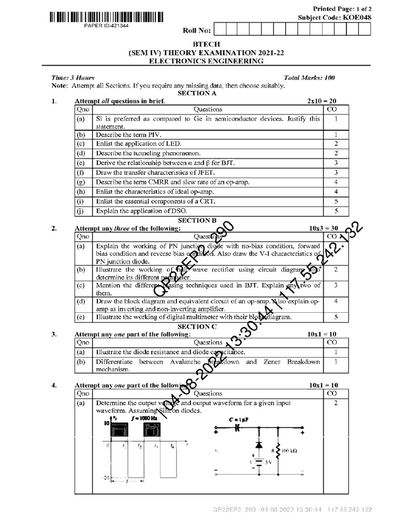 Btech Oe 4 Sem Electronics Engineering Koe048 Aug 2022 | PDF