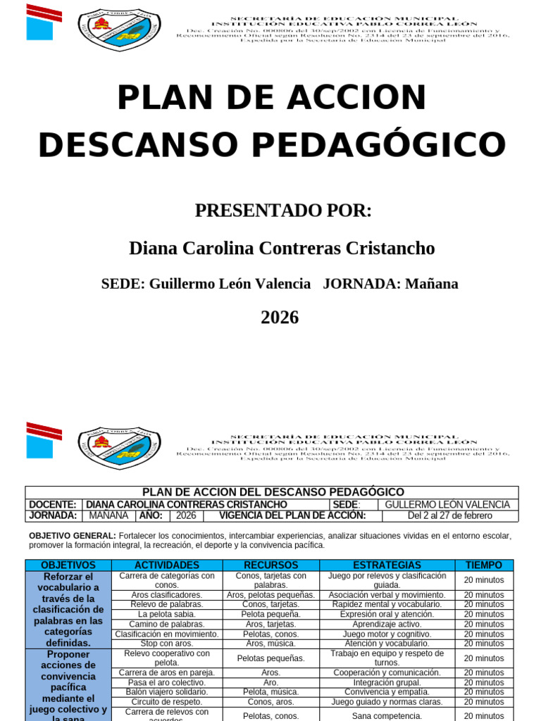 Formato Plan de Accion Del Descanso Pedagogico | PDF | Pedagogía ...