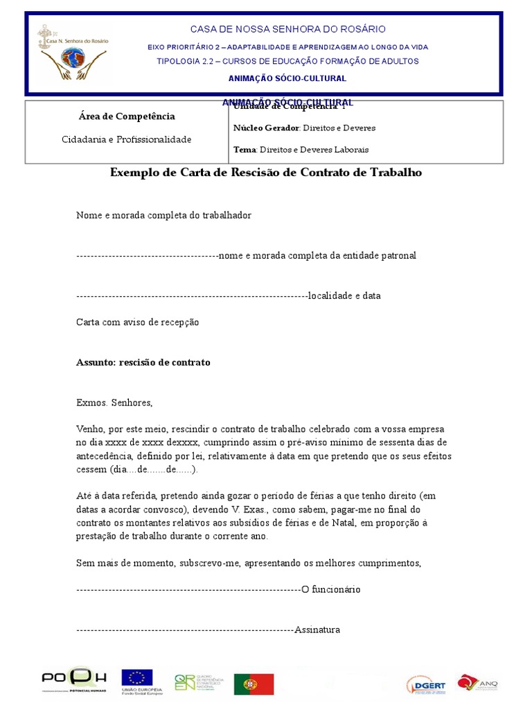 Exemplo de Carta de Rescisão de Contrato de Trabalho PDF Banco de