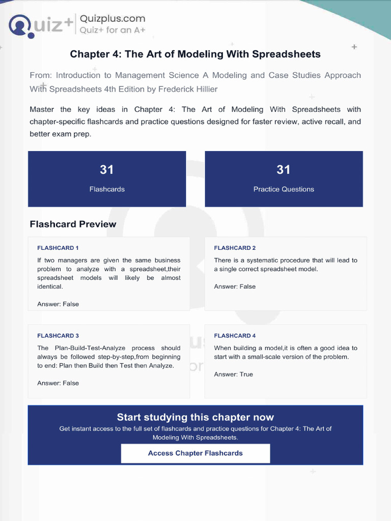Flashcards for Chapter 4 the Art of Modeling With Spreadsheets | PDF