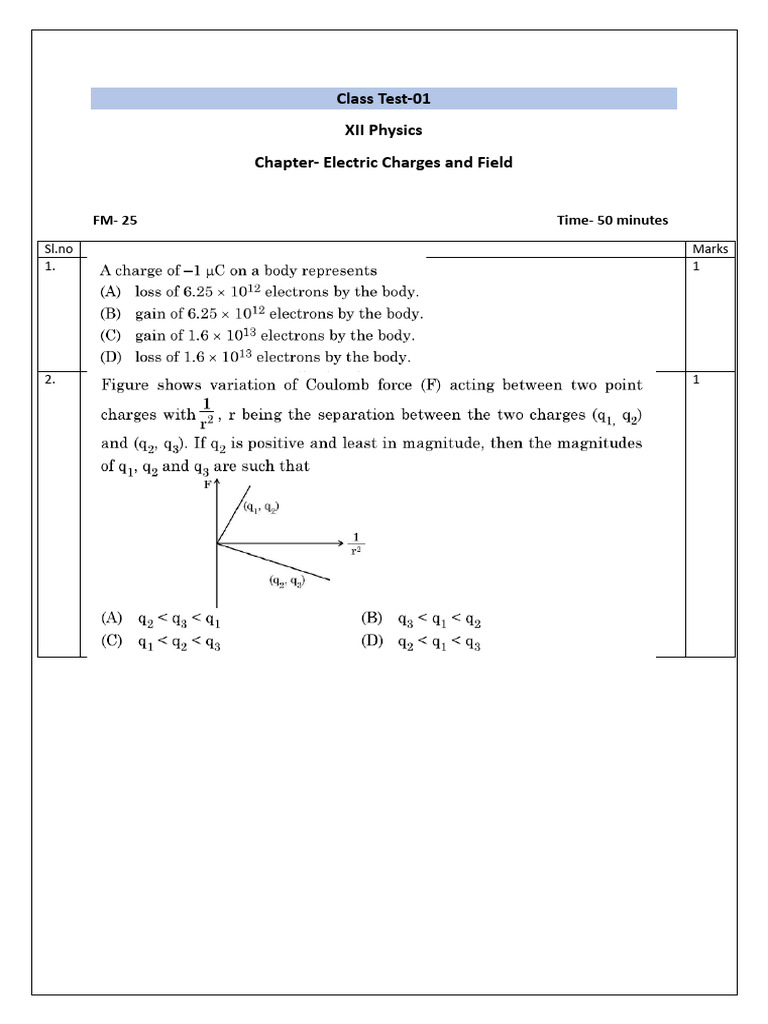 Class Test ECF | PDF | Electric Field | Electron