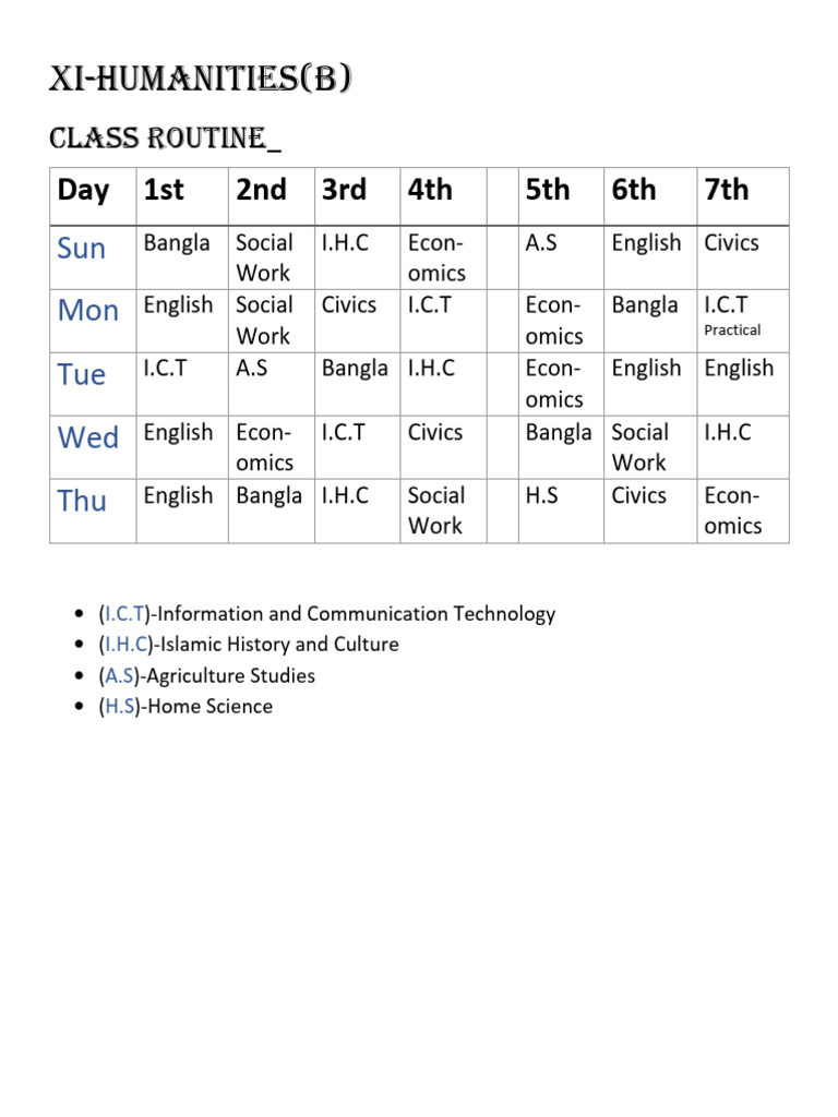 Class Routine Word | PDF