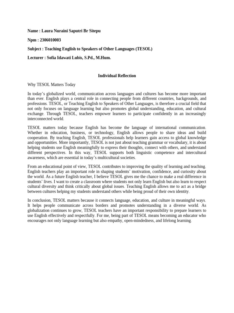 Individual Reflection (TESOL) | PDF | English As A Second Or Foreign ...