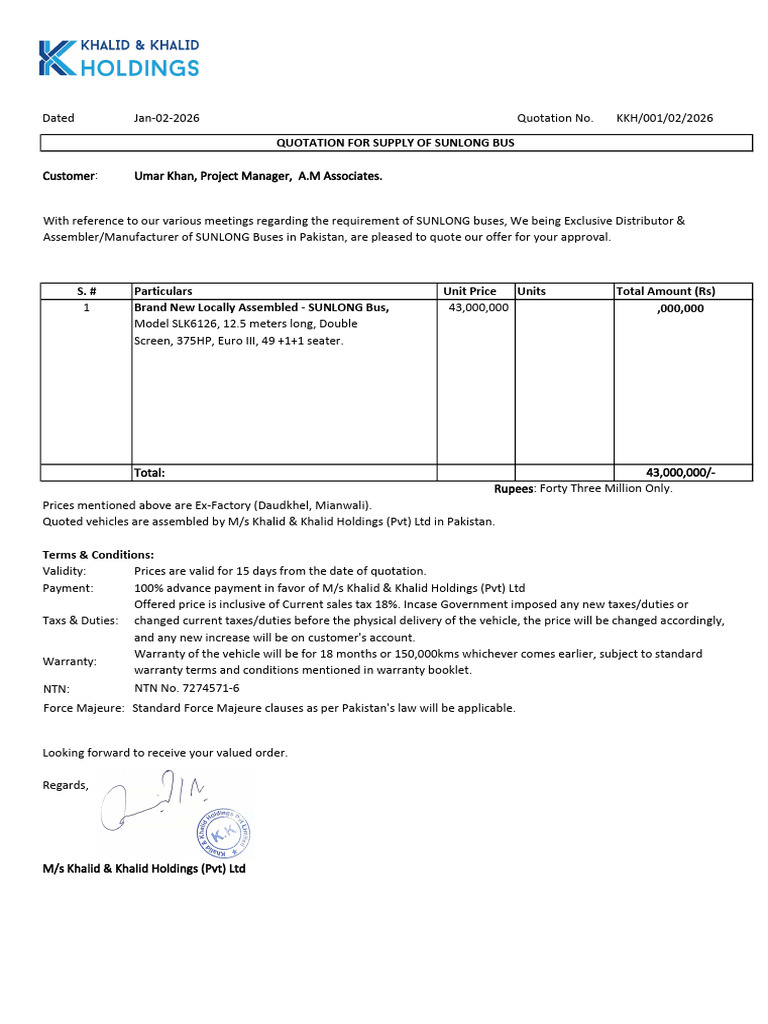 Quotation Sunlong 01 Unit (CKD) - AM Associates | PDF