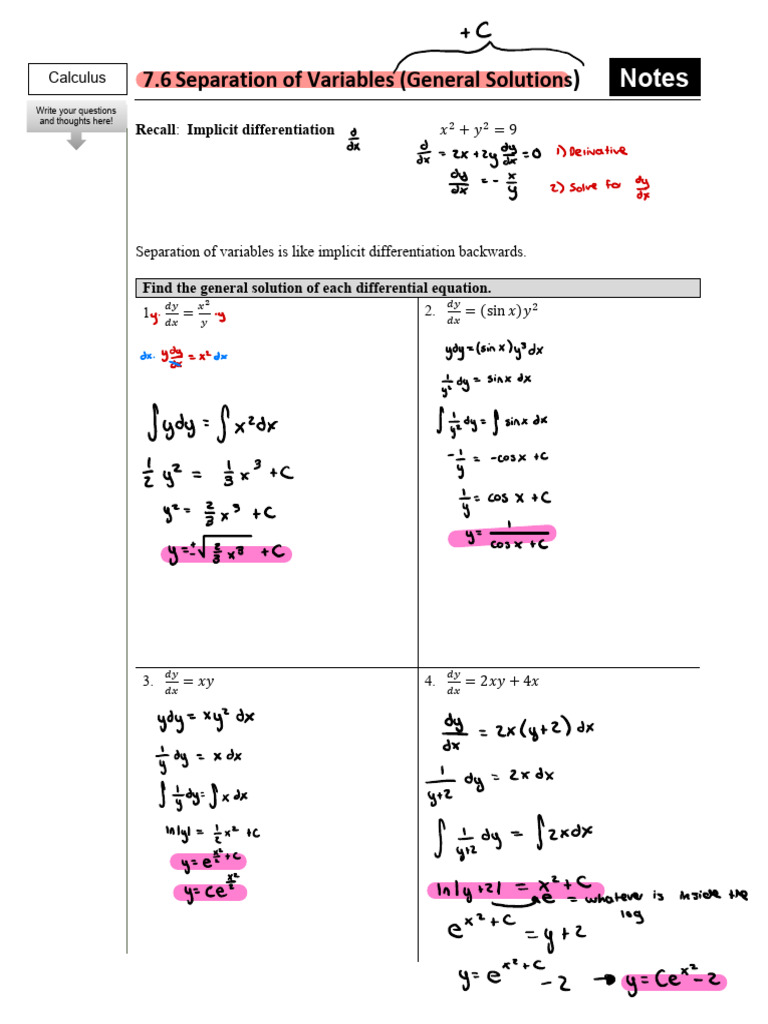 7.6 Separation of Variables (General Solutions) | PDF | Algebra ...