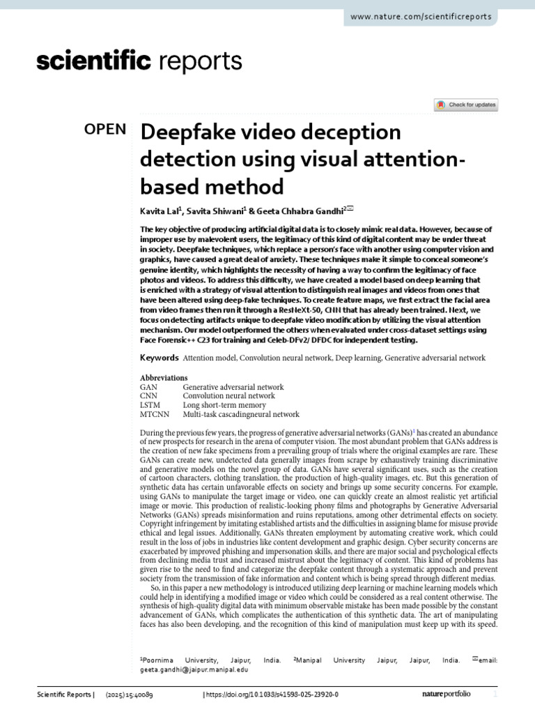 Kavita Lal Deepfake Video Deception Detection Using | PDF | Deep ...