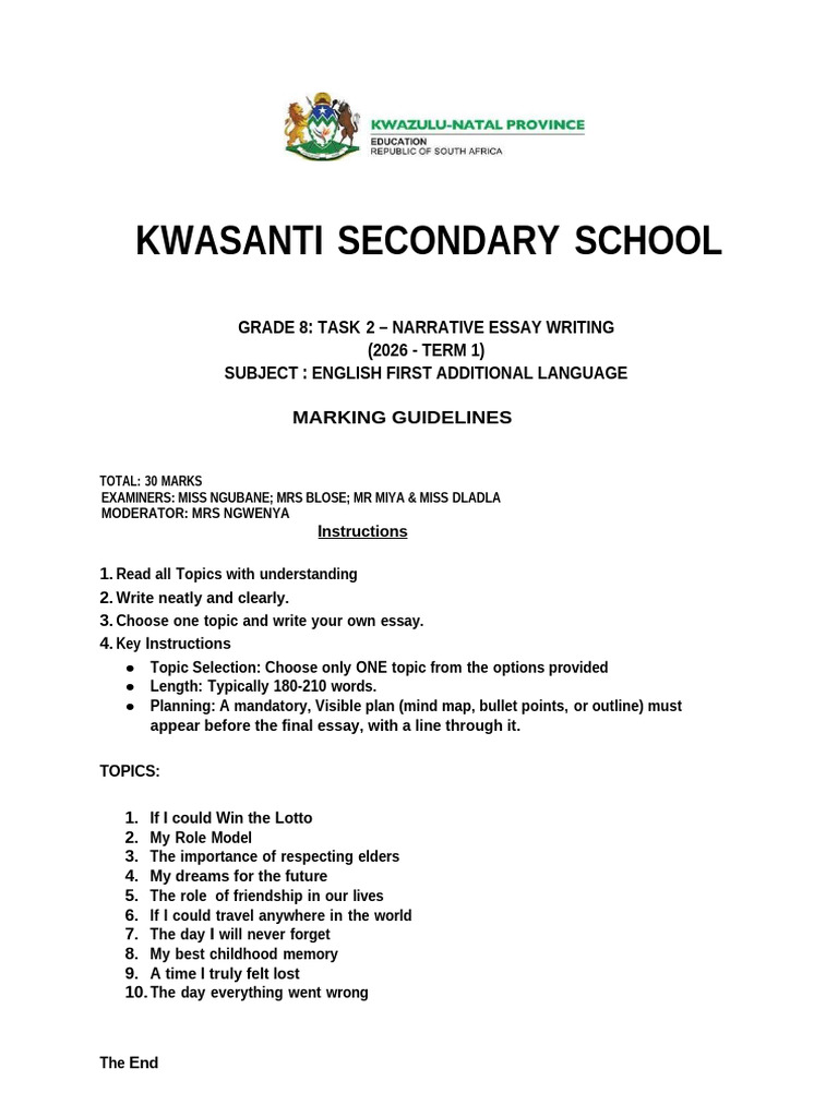 Grade 8 task 2 memo | PDF