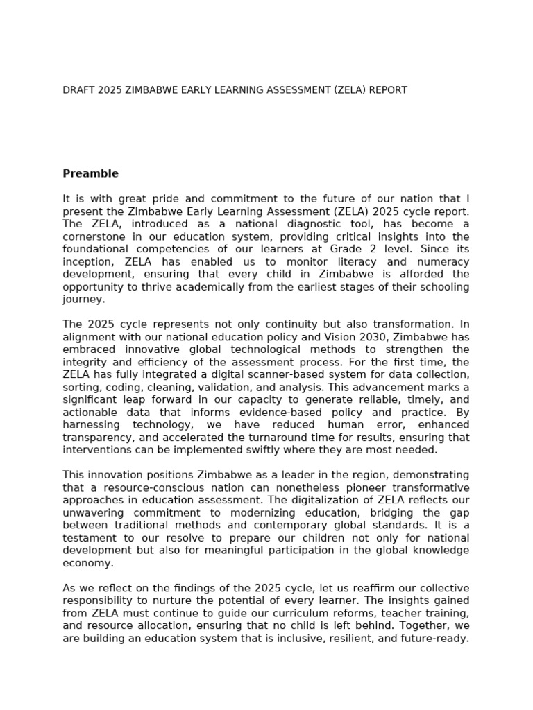 @DRAFT 2025 ZIMBABWE EARLY LEARNING ASSESSMENT | PDF | Preschool | Literacy
