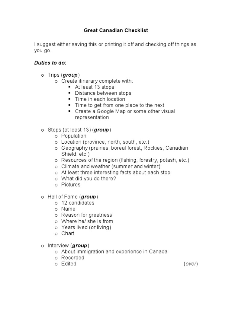 Great Canadian Checklist | PDF
