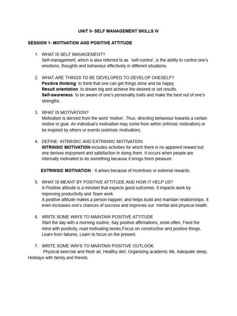 Unit 2- SELF MANAGEMENT SKILLS -1 | PDF | Personality Disorder ...