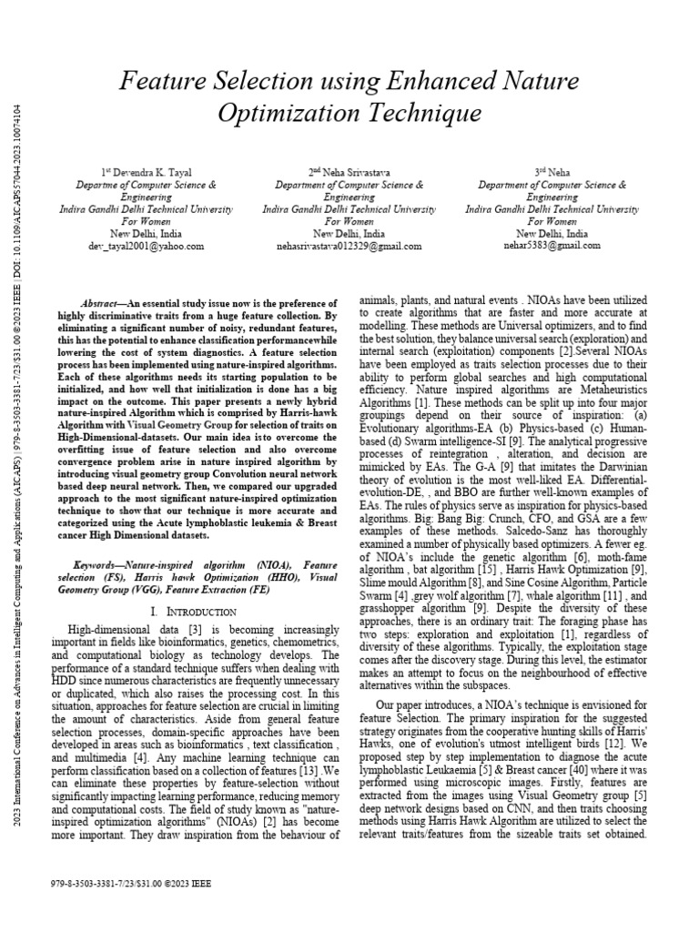 Feature Selection Using Enhanced Nature Optimization Technique | PDF ...