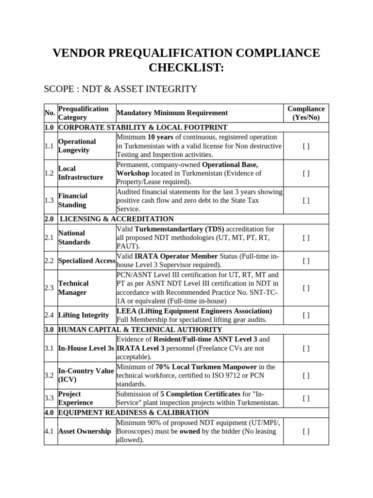 VENDOR PREQUALIFICATION COMPLIANCE CHECKLIST | PDF | Nondestructive ...