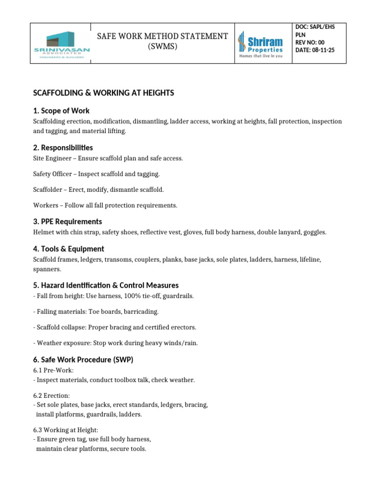 SWMS Scaffolding Working Heights | PDF | Scaffolding | Safety