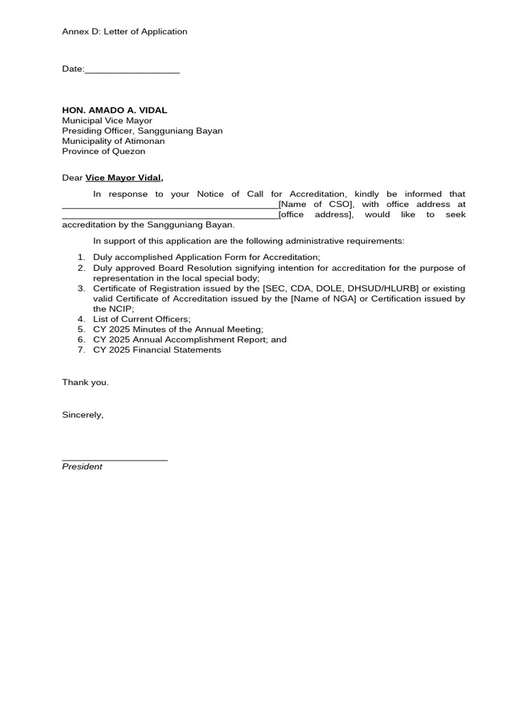 Annex D Letter of Application 2025 | PDF