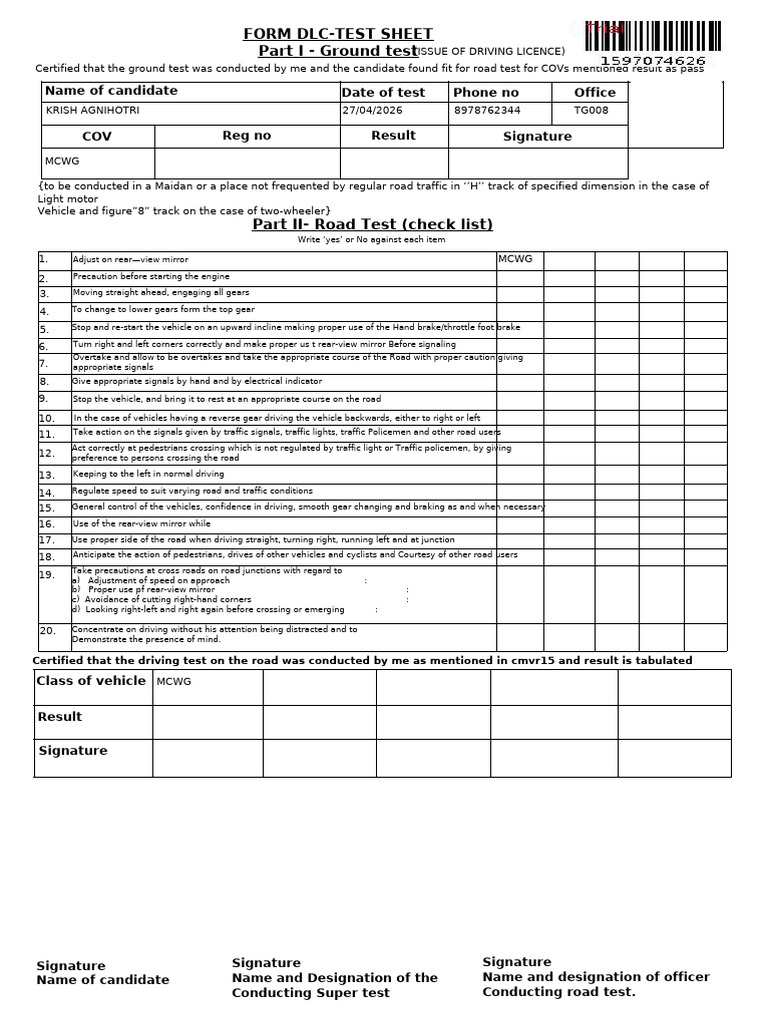 Form For Driving Licence Test Sheet | PDF