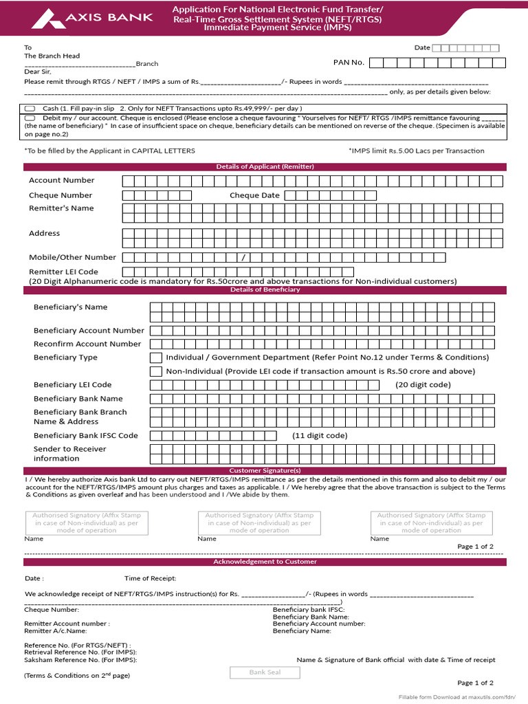 NEFT Axis Bank Form Fillable | PDF | Payments | Financial Technology