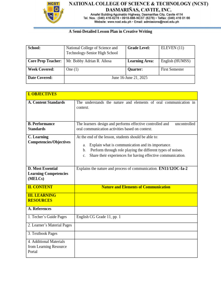 FS Sample Lesson Plan Format | PDF | Communication | Semantics