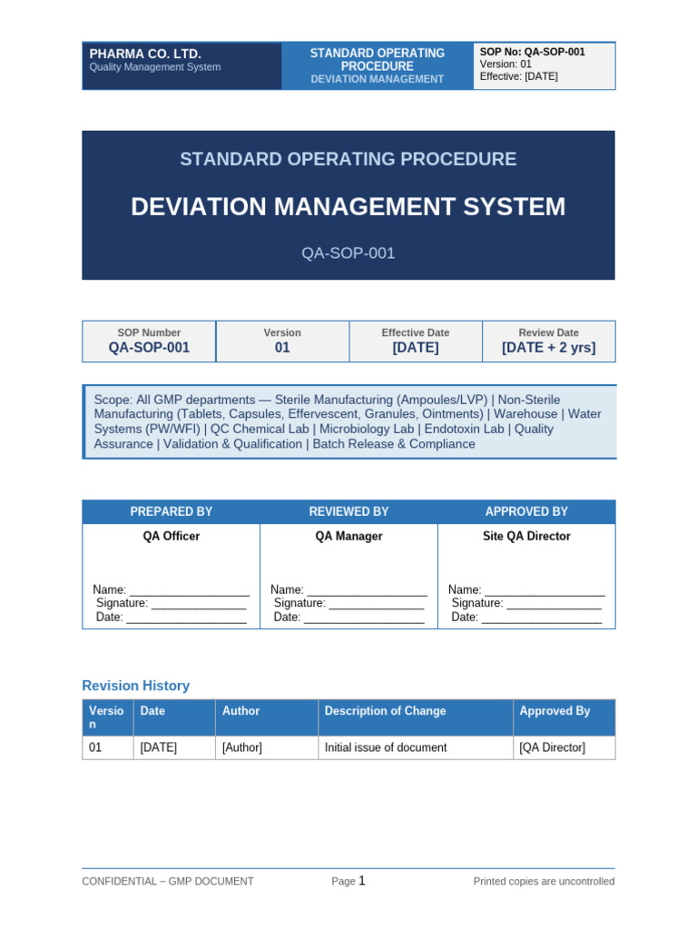 Deviation Management SOP QA SOP 001 1 | PDF | Patient Safety | Quality ...