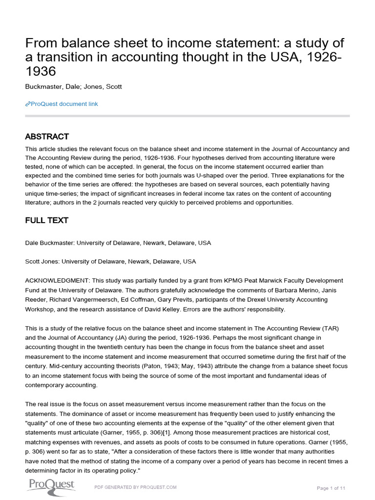 From Balance Sheet to Income Statement - A Study of a Transition in ...