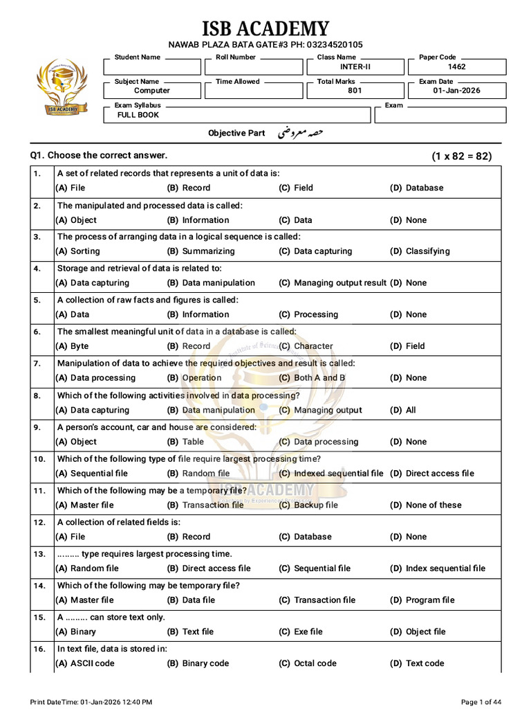 2nd Year Full Book Mcqs | PDF | Databases | Table (Database)