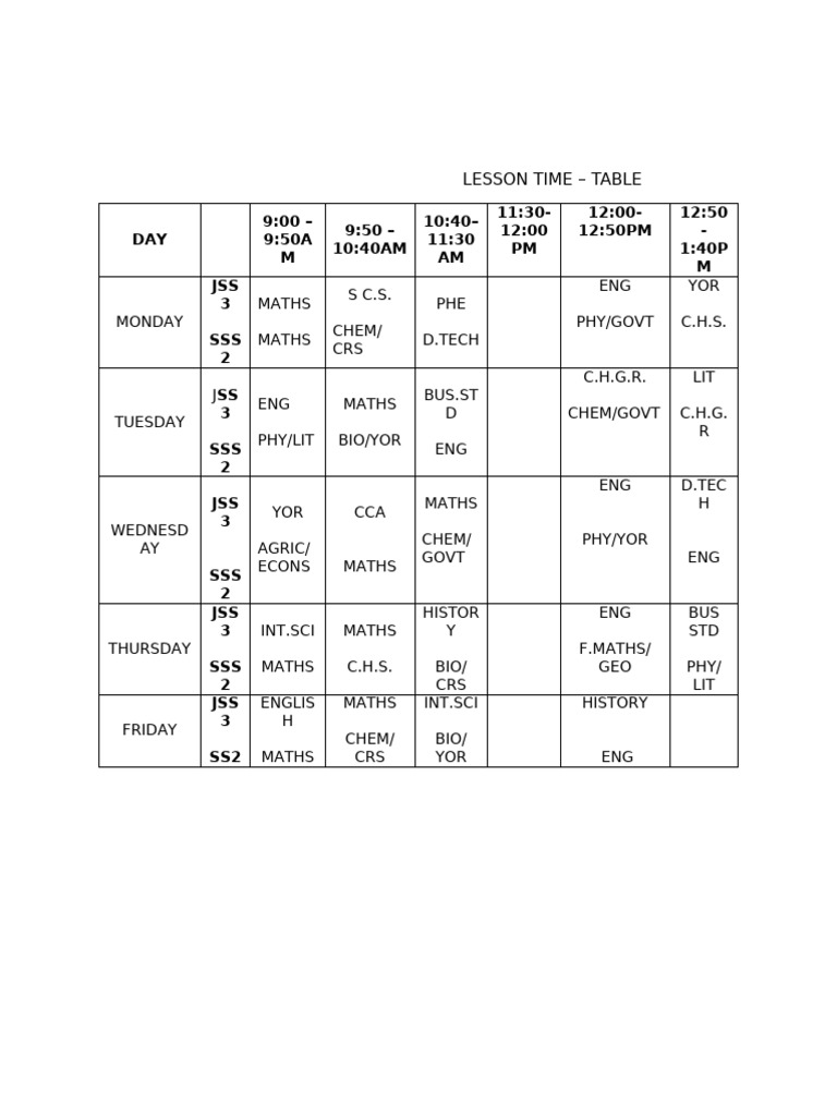 Lesson Time Table-2 | PDF