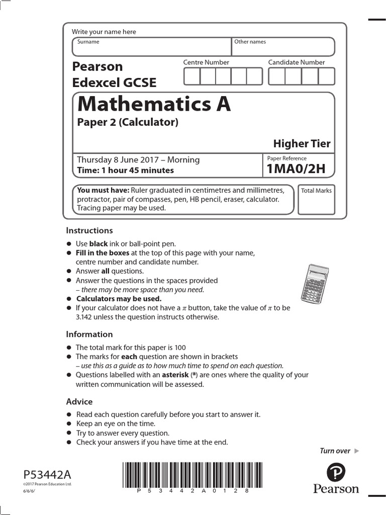 June 2017 QP - Paper 2 (H) Edexcel (a) Maths GCSE | PDF | Area ...