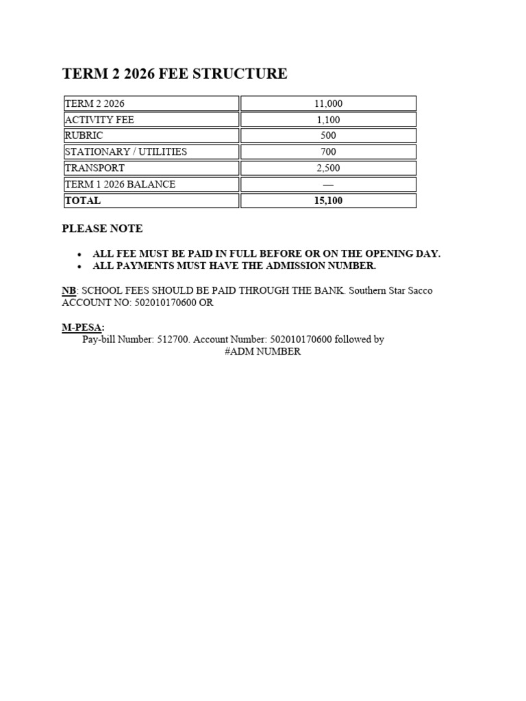Term 2 2026 Fee Structure | PDF