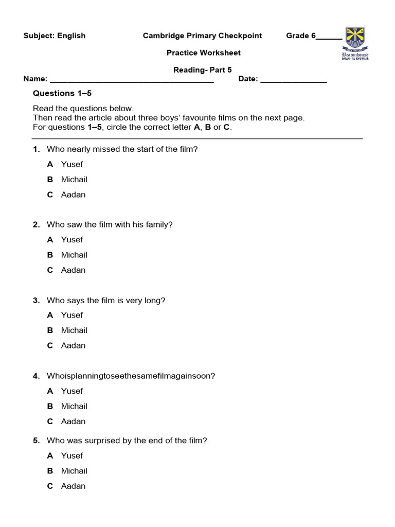 CambridgePrimaryCheckpoint Reading Part 5 PracticeWorksheet | PDF
