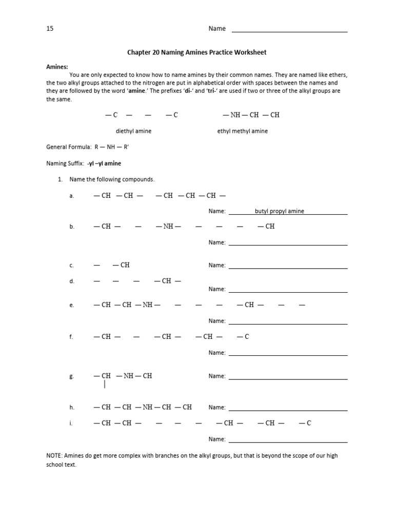 Ch 20 Naming Amines Practice Worksheet1 | PDF