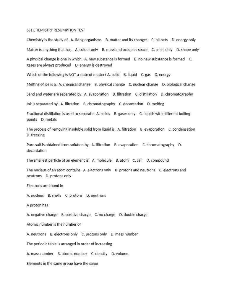 Resumption Test for Chemistry | PDF | Chemical Bond | Molecules