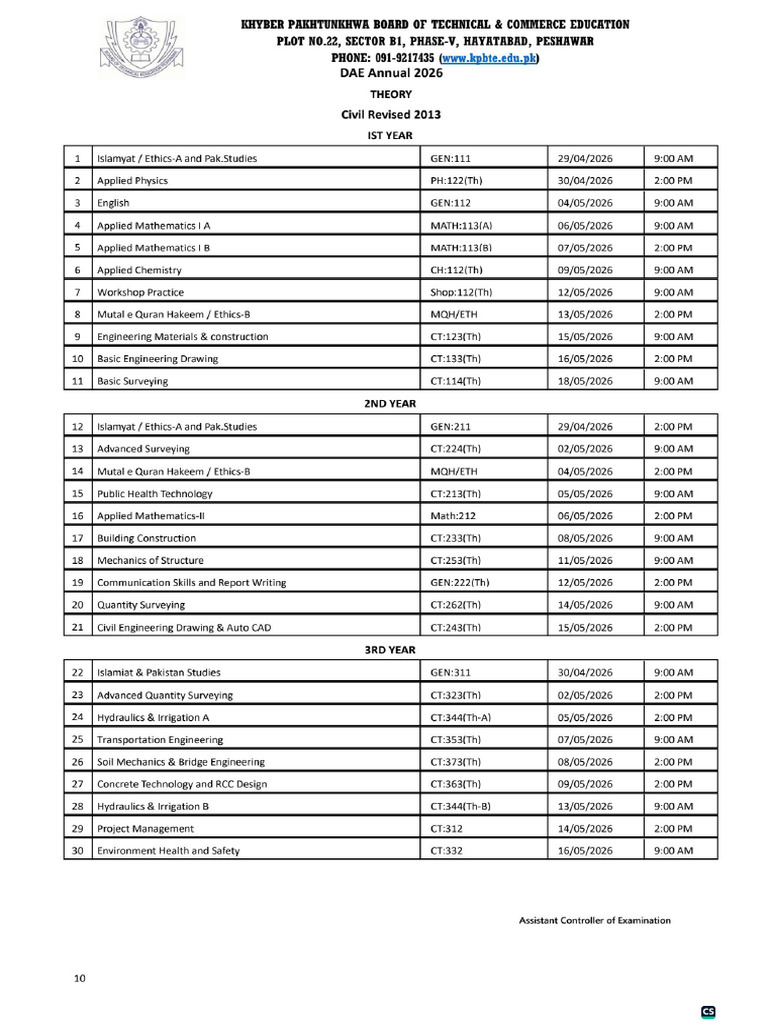 DAE Annual 2026 Date Sheet (Civil Technology) | PDF