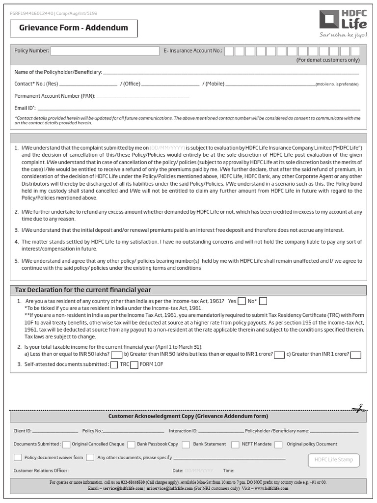 Grievance Form | PDF | Income Tax | Insurance