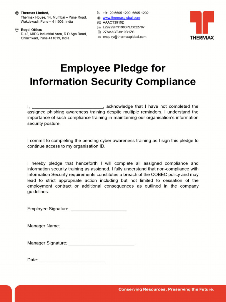 Employee Pledge for Information Security Compliance | PDF