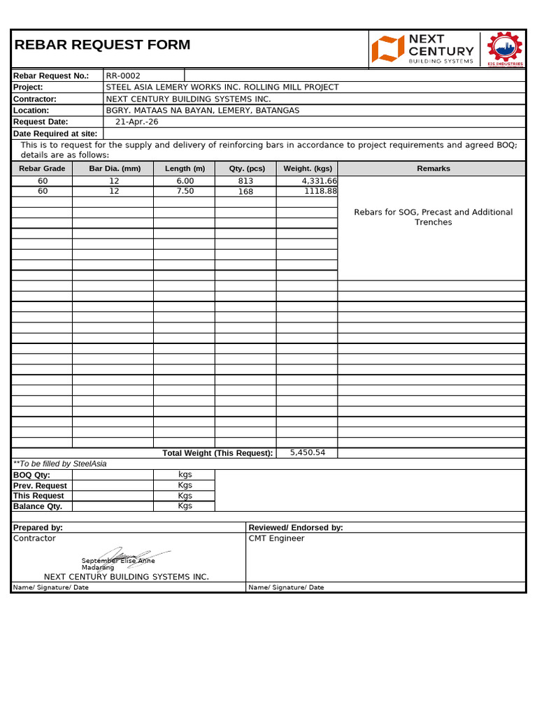 Rebar Request Form | PDF