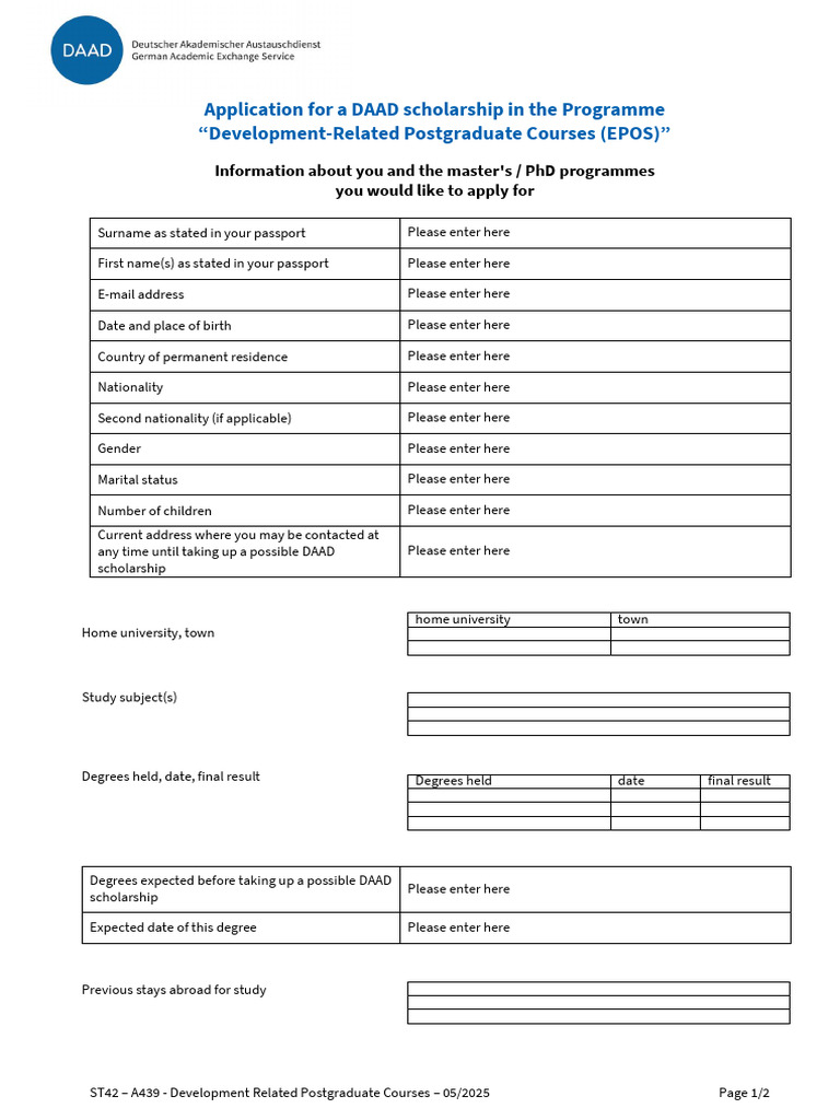 Daad Epos Application Form | PDF | Doctor Of Philosophy | Postgraduate ...