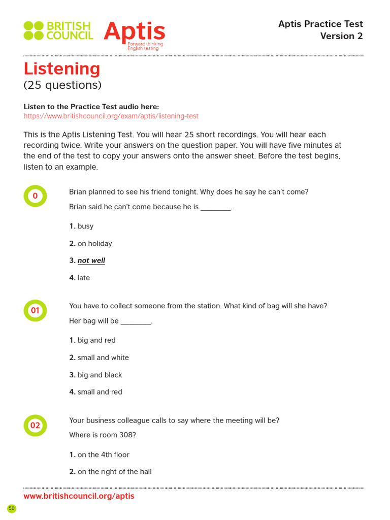 APTIS Practice Tests Book-Listening Test 2 | PDF
