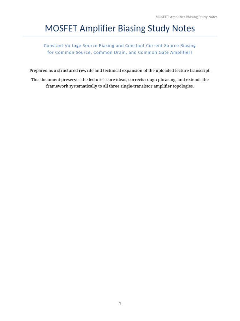 Mosfet Biasing Study Notes v2 | PDF | Amplifier | Field Effect Transistor