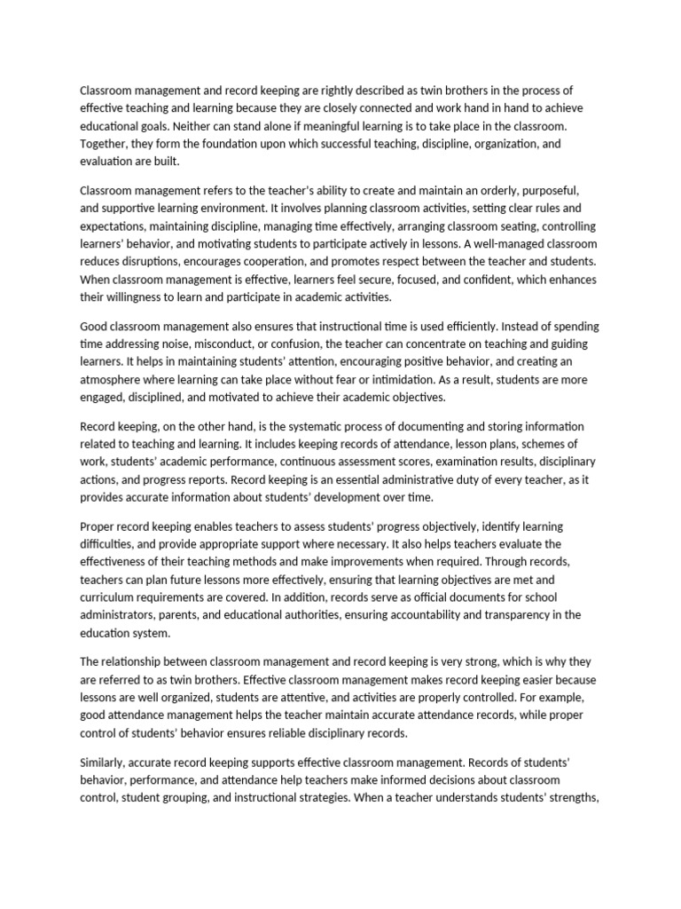 Class Room Management and Record Keeping | PDF | Classroom Management ...