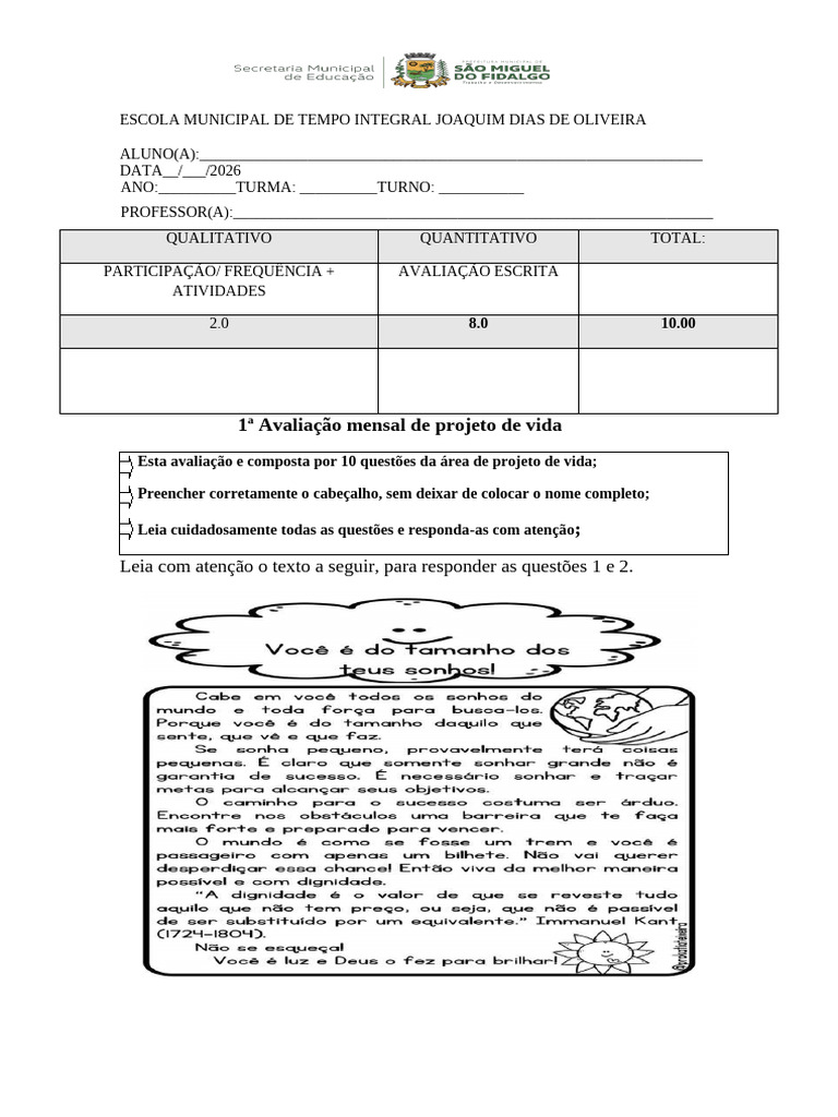 1 Avaliação de Projeto de Vida 03 | PDF | Emoções | Vida