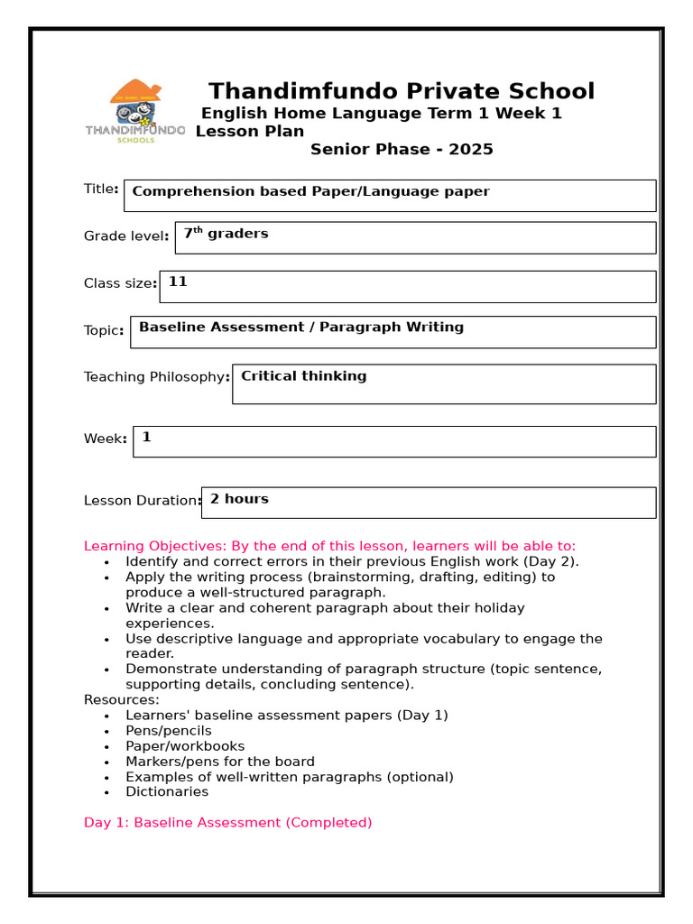 Lesson Plan Grade 7 English 2025 Term 2 (1) | PDF | Editing | Reading ...